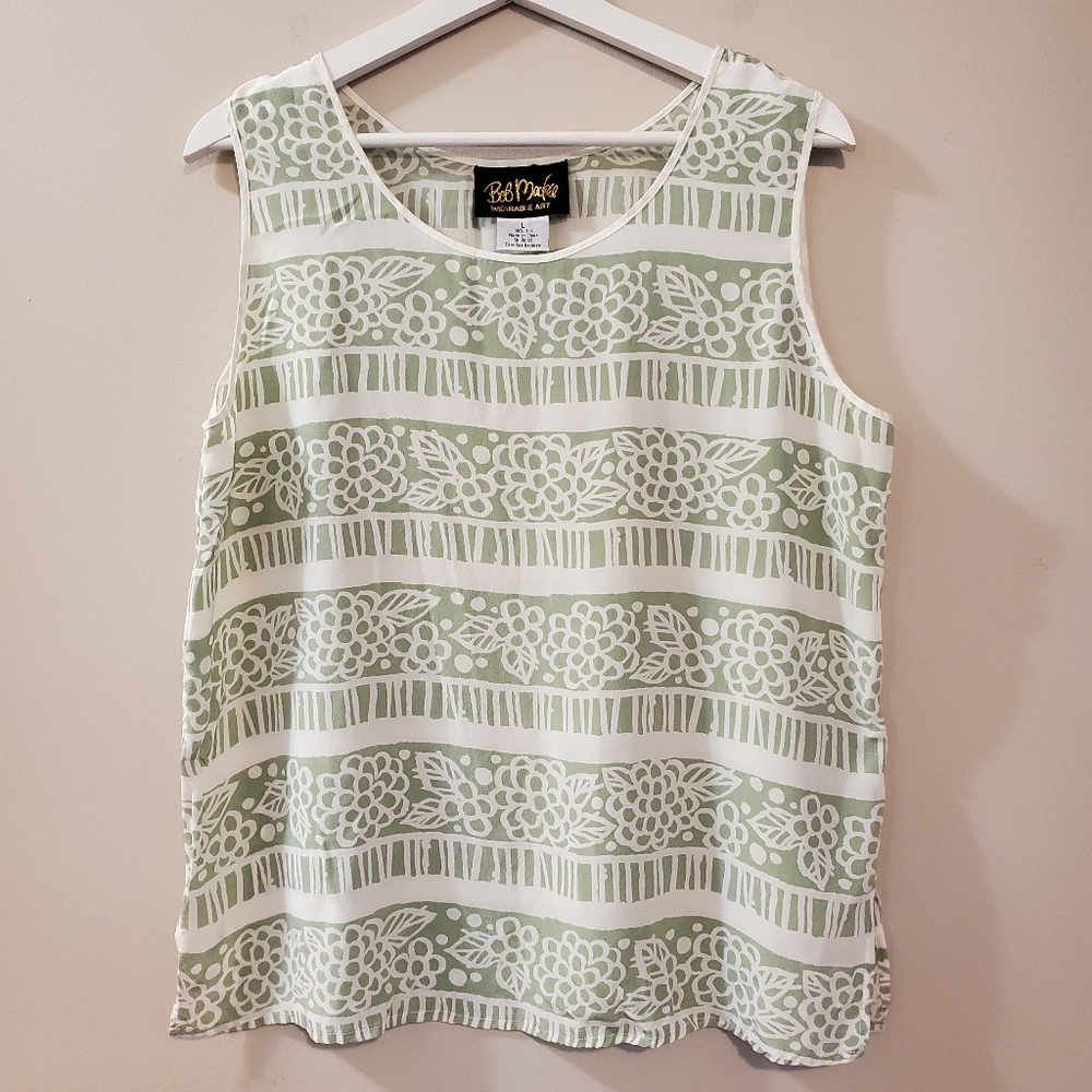 Bob Mackie - 100% Silk Sage Green Floral Patterned Tank Top - Size L